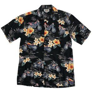 Motorcycles Black Mens Pacific Legend Hawaiian Aloha Button Front Shirt Size MED